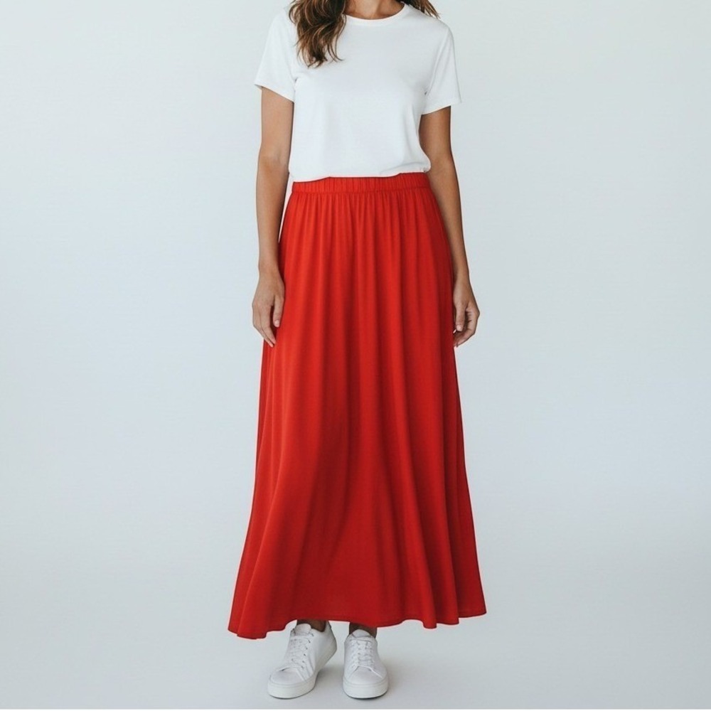 Universal Thread Linen Blend Orange Maxi Skirt Pleated Elastic Pull On Waist S